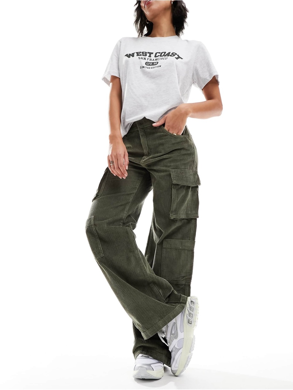 Cotton On Women's Corduroy Cord Cargo Wide Leg Pants Olive Khaki Green Size 4